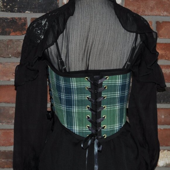 New Reversible Green Plaid & Denim Side & Back Lace-up Corset Bustier Top M - Picture 5 of 13